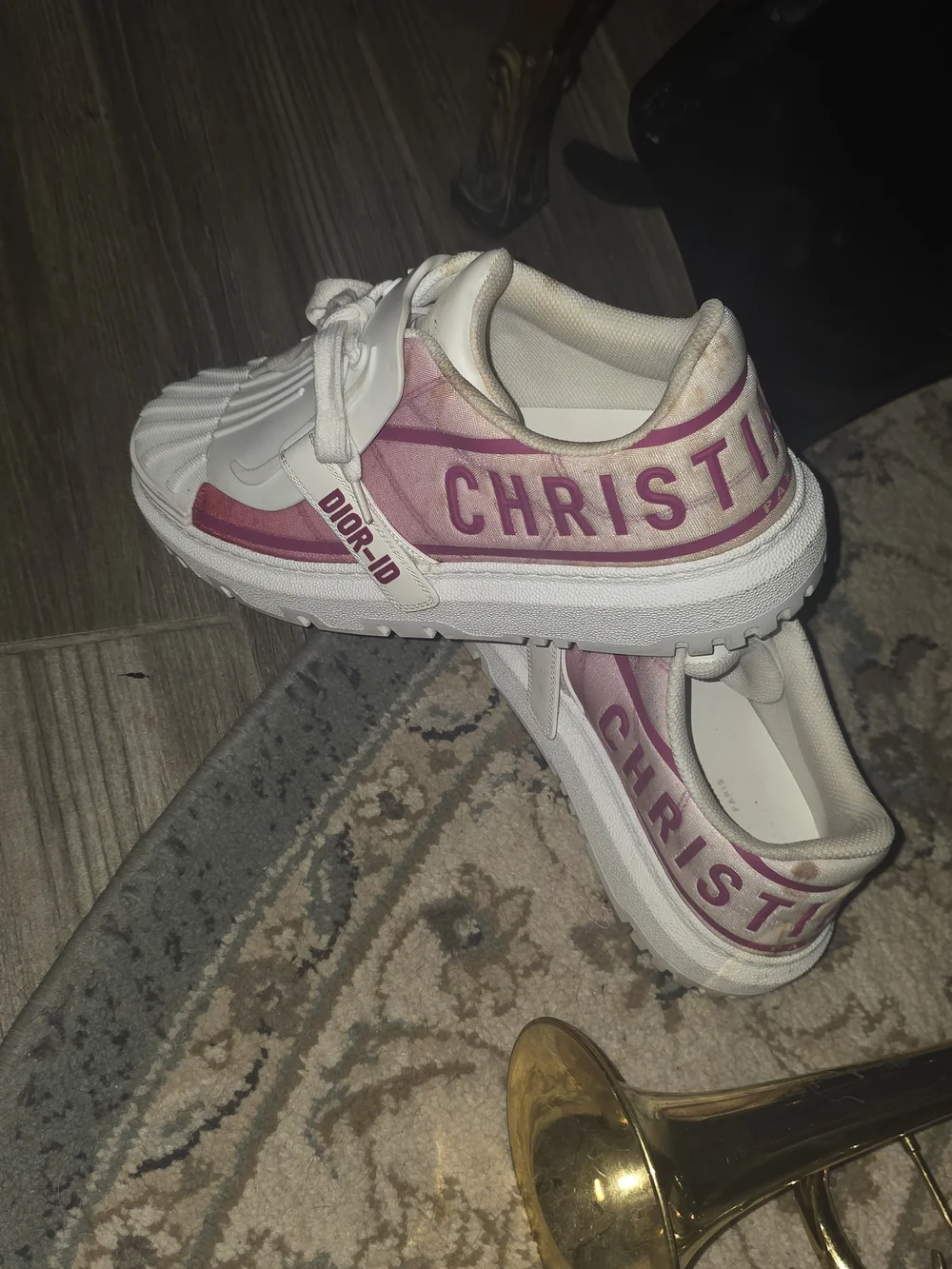 Dior Men's White Sneakers with Pink Logo Script